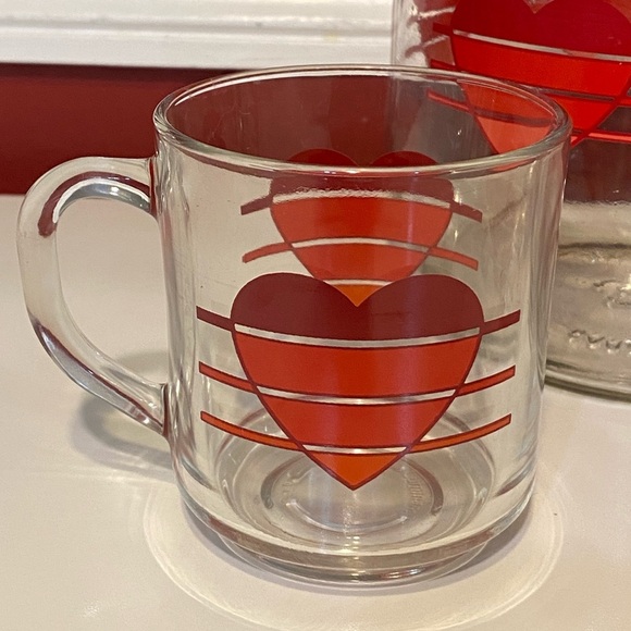 Vintage 80s Carlton Luminarc Glass Striped Hearts Canister Jar & Mugs Set - Picture 2 of 5